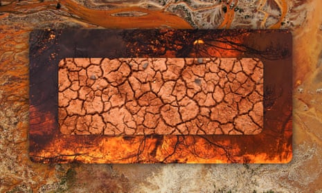composite image of parched earth over fire