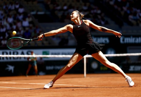 Aryna Sabalenka of Belarus hits a backand