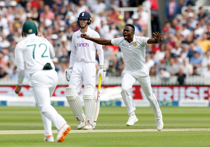 Kagiso Rabada celebrates after taking the wicket of Alex Lees.
