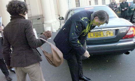 Peter Mandelson is covered in green custard thrown by Heathrow protester Leila Deen in London in 2009.