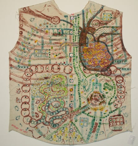 A waistcoat painted using objects to show human organs, using a series of circles to show the colon etc