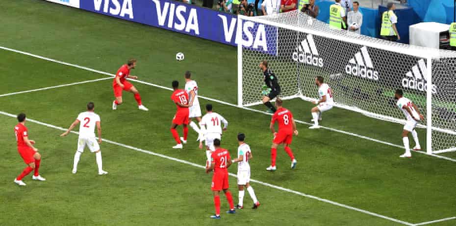 Harry Kane scores England’s winning goal against Tunisia at the 2018 World Cup.