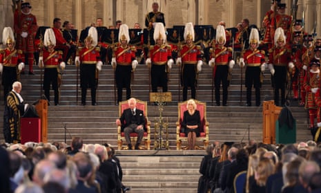 King Charles III and Camilla, the Queen Consort, attend the presentation of addresses by both houses of parliament in Westminster Hall