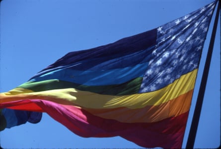 One of the original eight-color rainbow flags flying at United Nations Plaza during San Francisco Gay Freedom Day 1978