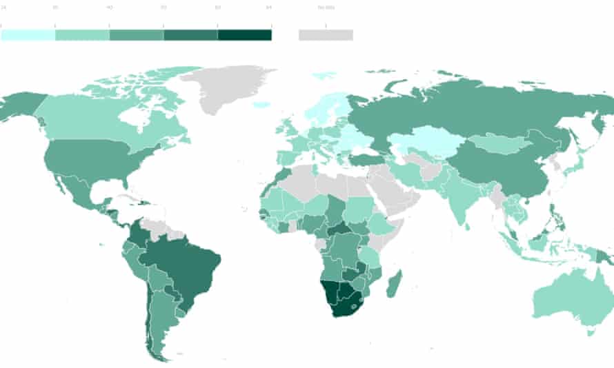 Map showing the wealth inequality estimates for 140 countries.