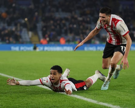 Shea Charles celebrates his late winner at the King Power Stadium