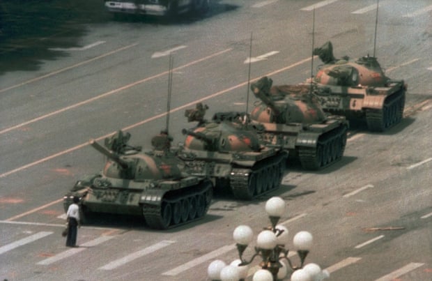 “Tank man” is often used to describe an unidentified person famously pictured standing before tanks in China’s Tiananmen Square during pro-democracy demonstrations in June 1989. 
