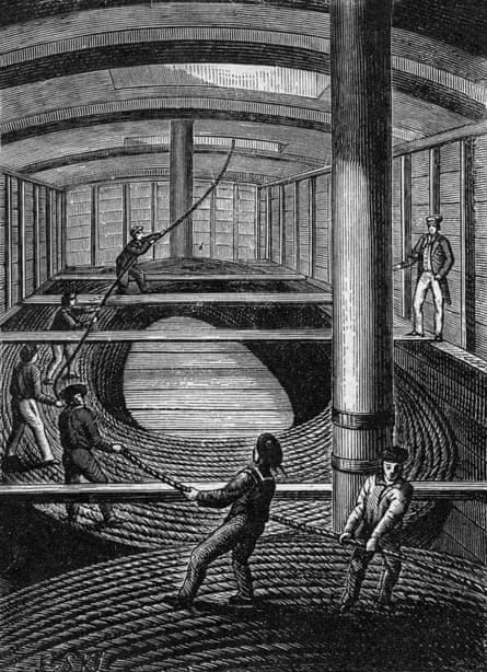 Workers wind the cable to be laid under the Channel  in 1851