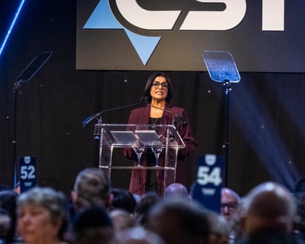 Shabana Mahmood standing at a lectern giving a speech