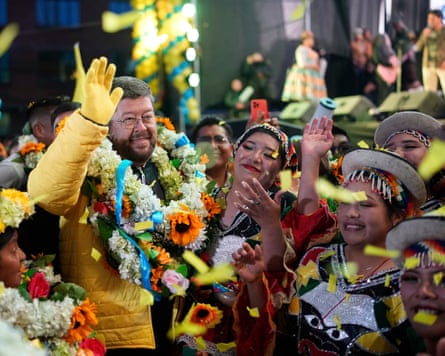Presidential candidate Samuel Doria Medina waves during a closing campaign rally in El Alto