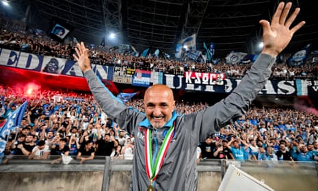 Luciano Spalletti celebrates winning the Scudetto with Napoli in front of the club's fans.