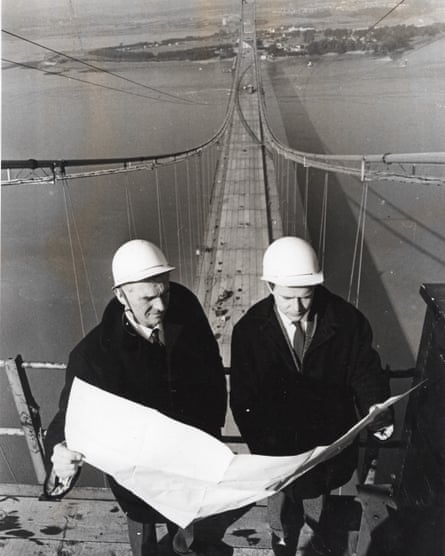 Michael Parsons, right, with his colleague Brian Smith at the top of the Severn Bridge during its construction