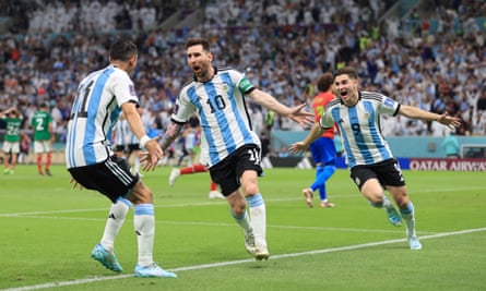 Lionel Messi wheels away after scoring against Mexico.