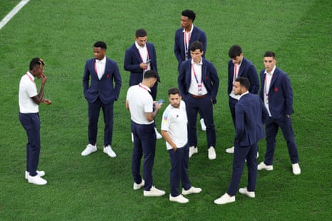 Spain players inspect the pitch prior to their match with Morocco.