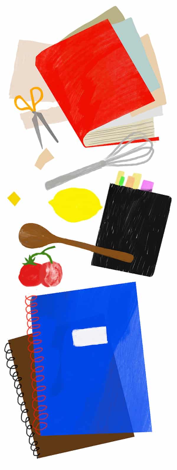 An illustration of a closed notebook with bits of paper falling out of it, two ring binders, a wooden spoon, a whisk, scissors, a lemon and tomatoes