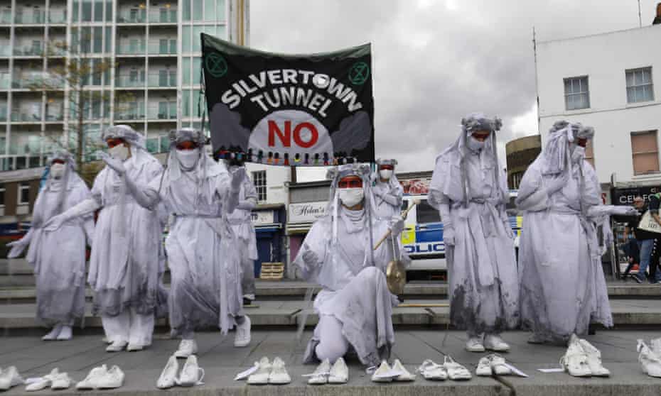 An Extinction Rebellion protest in August 2020 against the planned Silvertown tunnel.