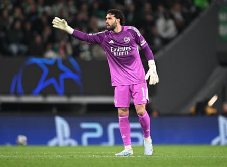 Arsenal’s David Raya during the game against Sporting