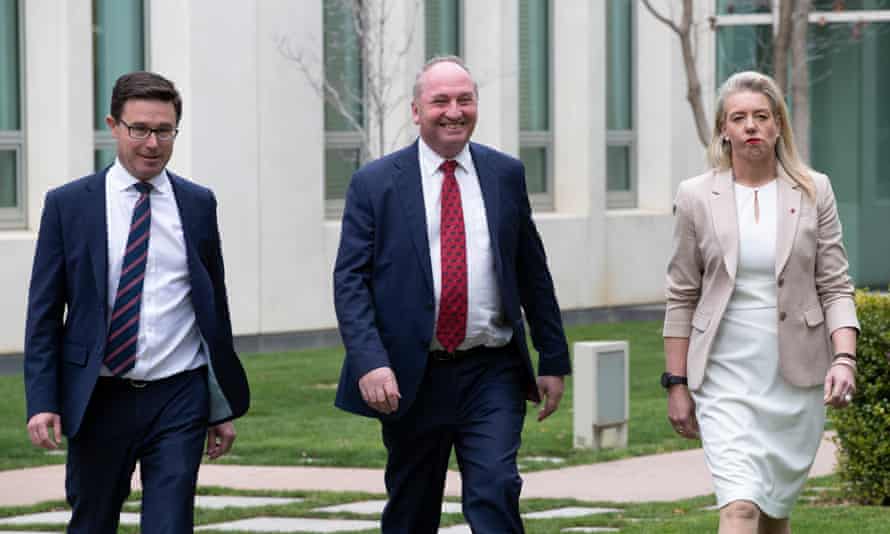 National party leader Barnaby Joyce (middle) has rewarded his key supporters, including David Littleproud (left) and Bridget McKenzie (right), in a ministerial reshuffle.