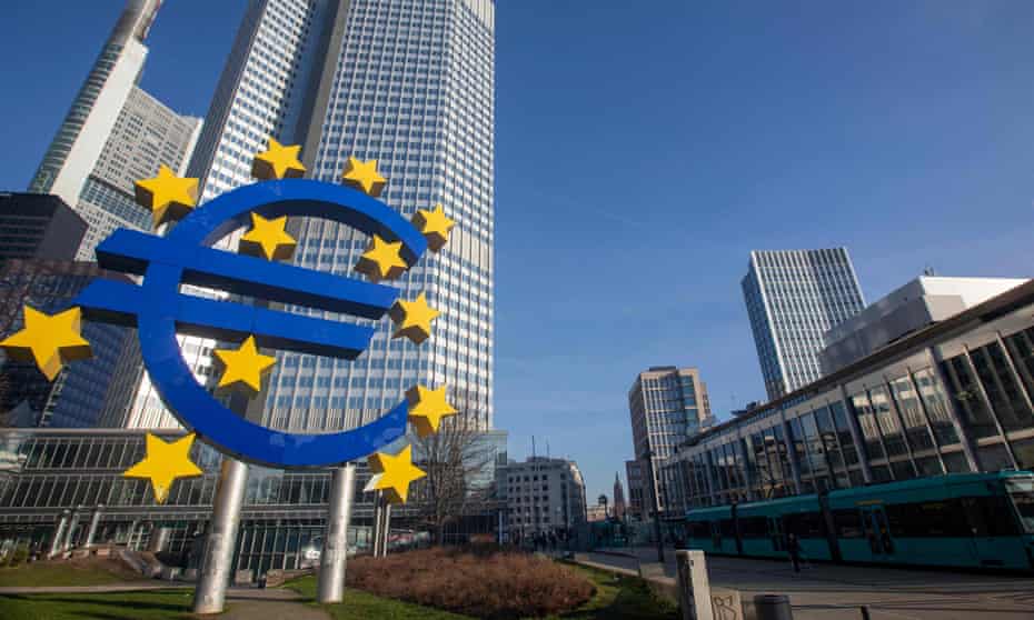 A sculpture depicting the Euro currency symbol outside the former European Central Bank headquarters in Frankfurt..