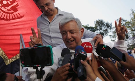 Andrés Manuel López Obrador speaking to the media after a campaign rally in Mexico on 20 April.