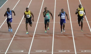 Winner US athlete Justin Gatlin, Jamaica's Yohan Blake, South Africa's Akani Simbine, US athlete Christian Coleman, Jamaica's Usain Bolt compete in the final.