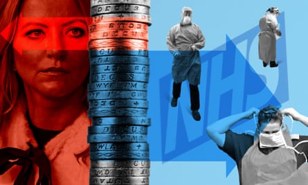 A graphic of Lady Mone, a tower of pound coins, and doctors in surgical gowns against the NHS logo