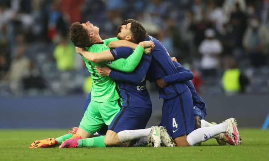 Chelsea’s Kepa Arrizabalaga, Jorginho and Andreas Christensen celebrate after winning the Champions League.