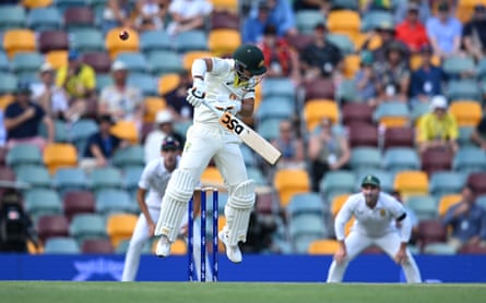 Australia’s David Warner is dismissed for a first-ball duck from a delivery by Kagiso Rabada of South Africa.