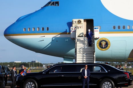 Donald Trump disembarks Air Force One at Amsterdam’s Schiphol airport.