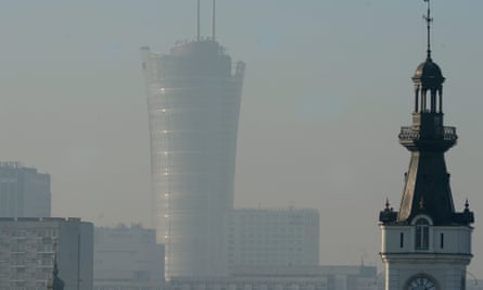 A blanket of smog lingers above Warsaw, Poland.
