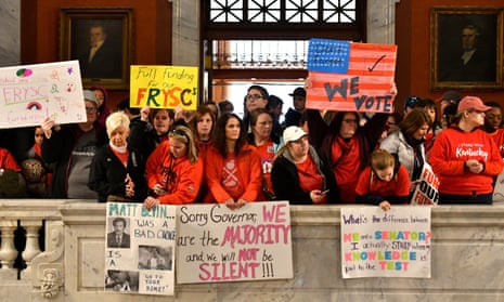 Teachers in Kentucky fill the state capitol to rally for increased funding on 2 April.