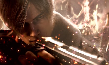 Traipsing through the muck … Leon Kennedy in Resident Evil 4 Remake.