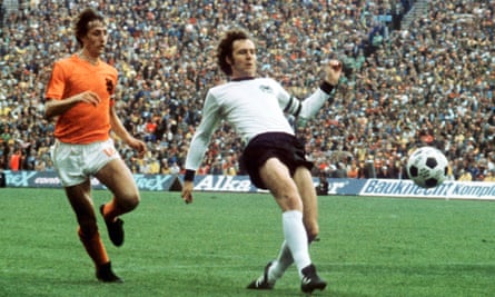 Franz Beckenbauer, right, and Johan Cruyff vying for the ball during the World Cup final between Germany and the Netherlands in Munich, which Germany won 2-1.