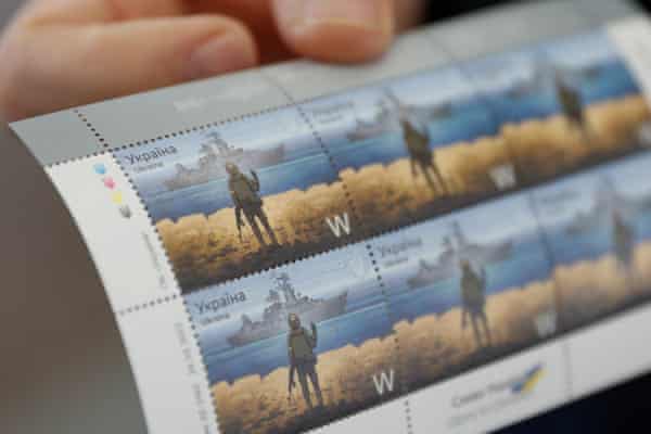 Ukraine’s new postage stamps depicting a Ukrainian service member giving the middle finger to the Moskva warship.