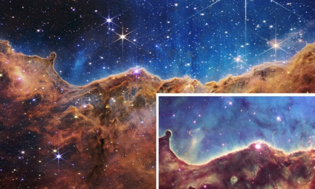 A comparison of the James Webb telescope’s views of the Carina Nebula with Hubble’s equivalent.