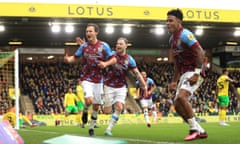 Burnley’s Hjalmar Ekdal (left) celebrates scoring the third goal in the 3-0 win at Norwich