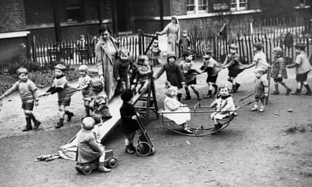 An archive photograph, circa 1955, of Thomas Coram nursery school pupils playing in the playground on the site of the old Foundling hospital in Bloomsbury, London