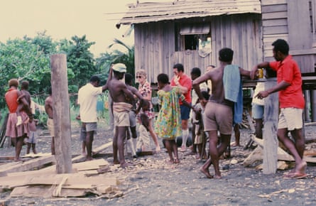 Photographic slide from the 1971 ALP Delegation to Papua New Guinea. The slide shows Mick Burns in a village. The Hon Gough Whitlam QC, Leader of the Opposition was accompanied by Mick Young, Tom Burns, Clyde Cameron and Bill Morrison, who became Minister for External Territories 1973 – 1975 in the Whitlam Government and oversaw the Independence of Papua New Guinea in September 1975.