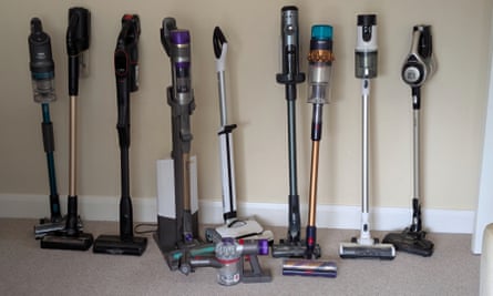 All the cordless vacuums tested in a row against a wall
