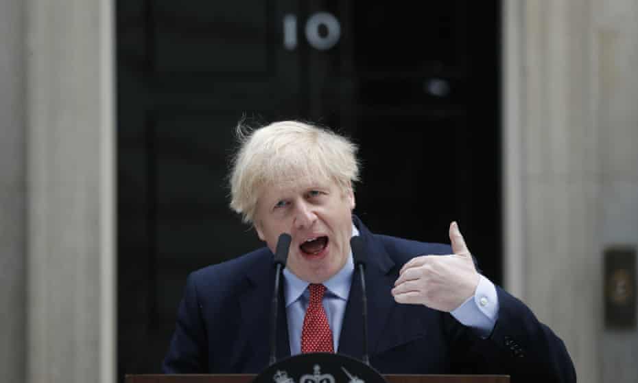 Prime minister Boris Johnson makes a statement on his first day back at work in Downing Street