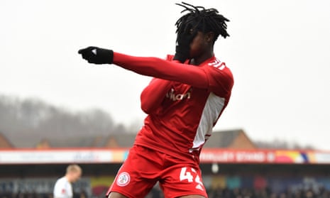 Super-sub”:Accrington Stanley’s striker Leslie Adekoya celebrates scoring the team’s first goal.