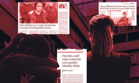 Composite image showing three newspaper reports superimposed on photos of two young people covering their facs