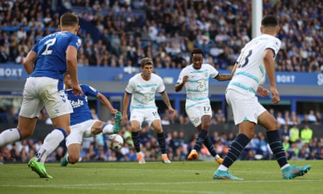 Chelsea’s Raheem Sterling shoots at goal.