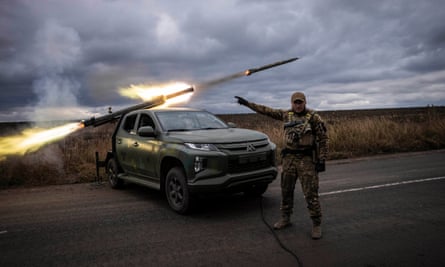 A Ukrainian soldier launches rockets last week in the battle for Dudchany
