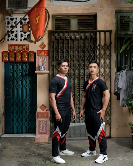 Nguywn Thanh Trung (on left) and Nguyen Danh Nam, members of the Saigon Beast cheerleading team in Ho Chi Minh City, Vietnam