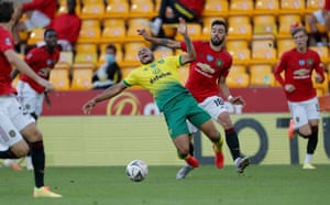 Bruno Fernandes downs Onel Hernandez of Norwich.