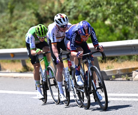 Alex Molenaar of Netherlands and Team Caja Rural - Seguros RGA, Felix Engelhardt of Germany and Team Jayco AlUla and Frank van den Broek of Netherlands and Team Picnic PostNL compete in the breakaway during the 113th Tour de France