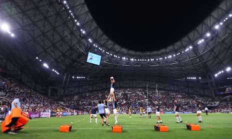 The Argentina players warm up prior to the Rugby World Cup France 2023 match between England and Argentina at Stade Velodrome in Marseille.