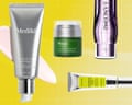Four retinol skincare product tubes and jars arranged on a yellow gridded background