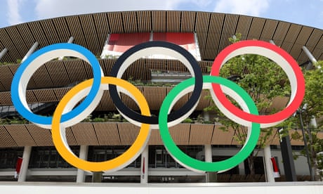 The Olympic rings outside the National Stadium in Tokyo.